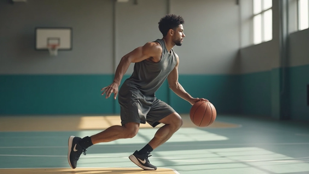 Professional athlete performing interval training on basketball court with coach observing