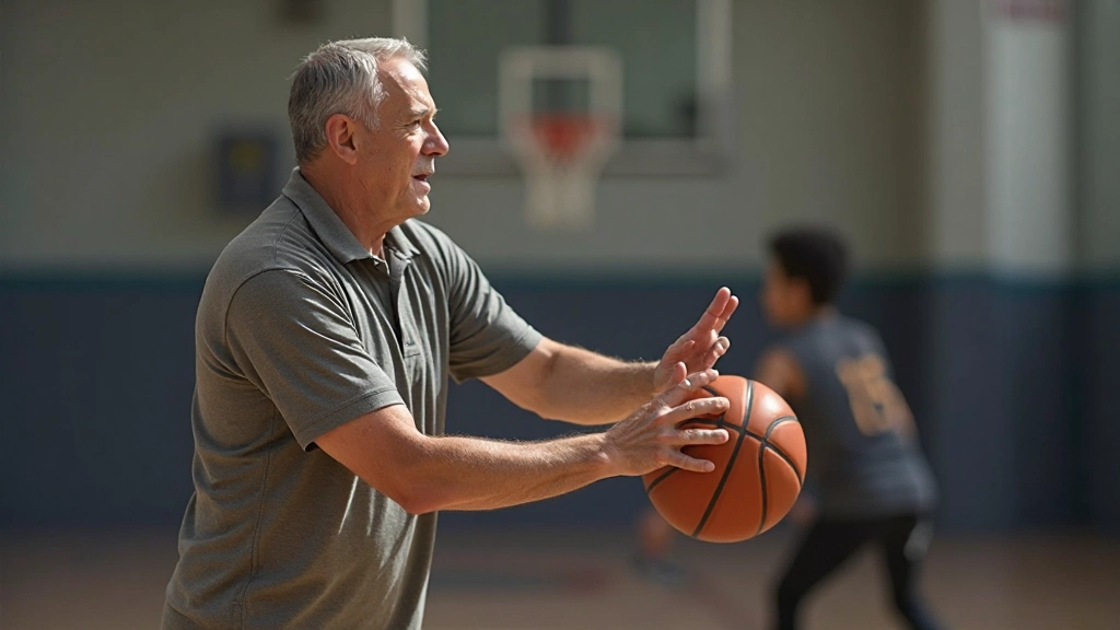 Coach demonstrating proper shooting form technique to basketball players