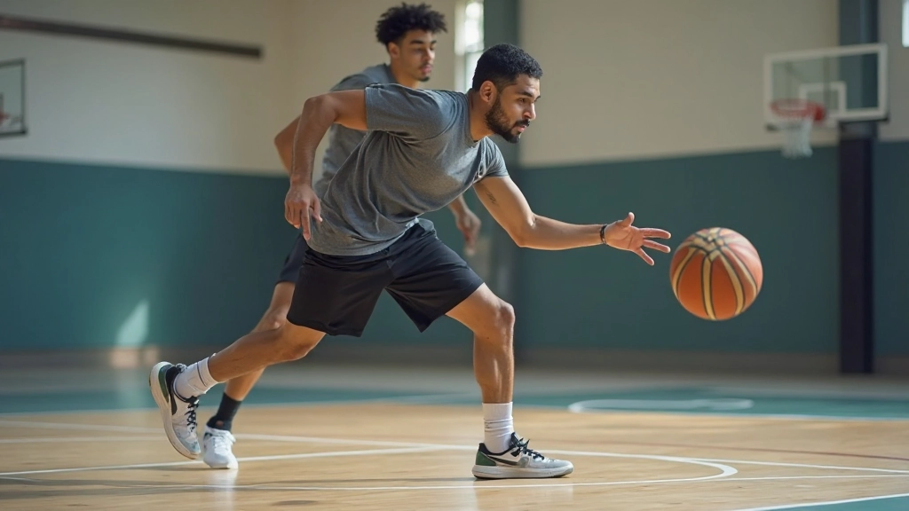 Basketball player executing advanced dribbling drill with directional changes