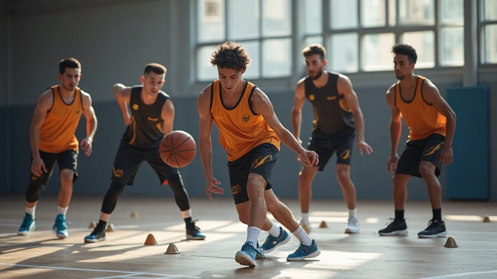 Players practicing defensive drills on basketball court with positioning markers