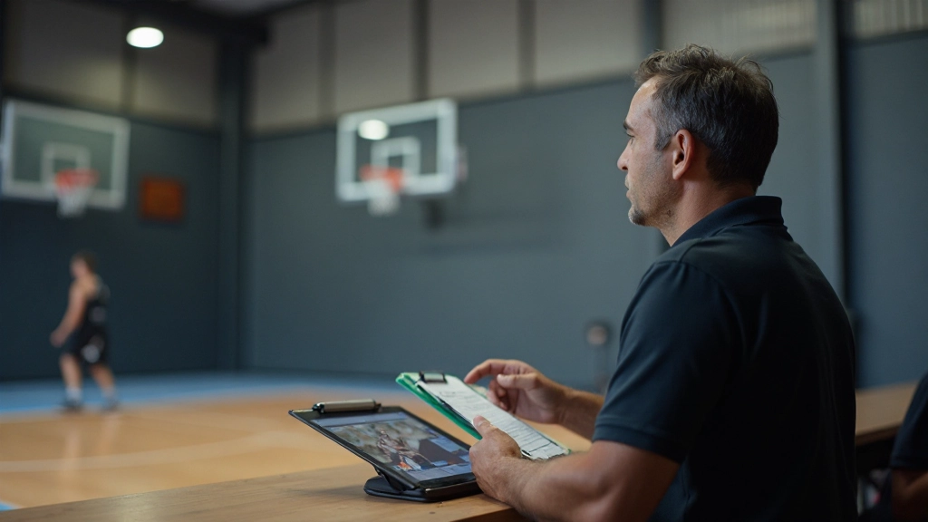 Professional basketball coach analyzing player performance with video analysis tools in modern training facility
