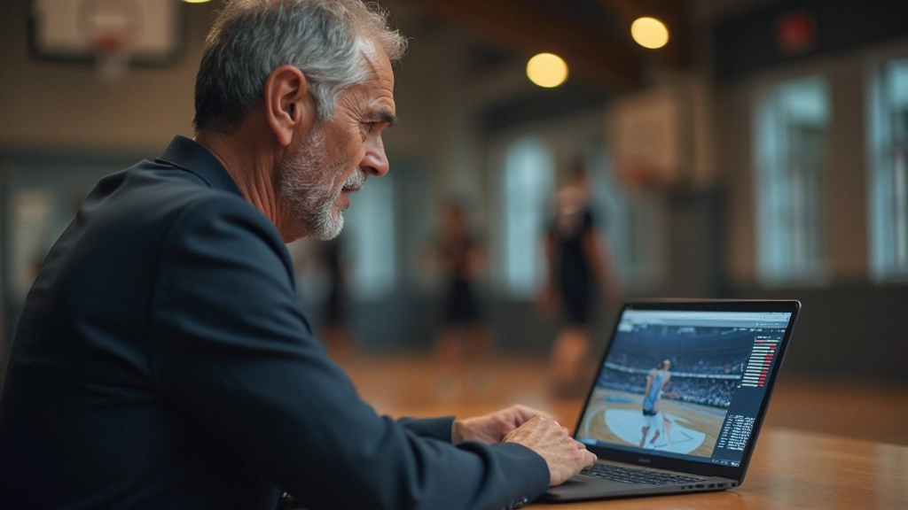Coaching staff reviewing athlete performance data and game statistics on digital analysis screen